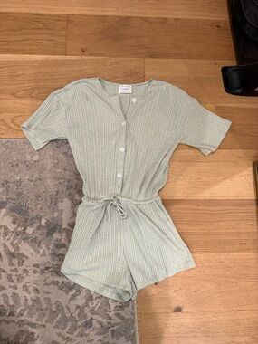 Sabo Skirt Ribbed Button Romper in Sage Green